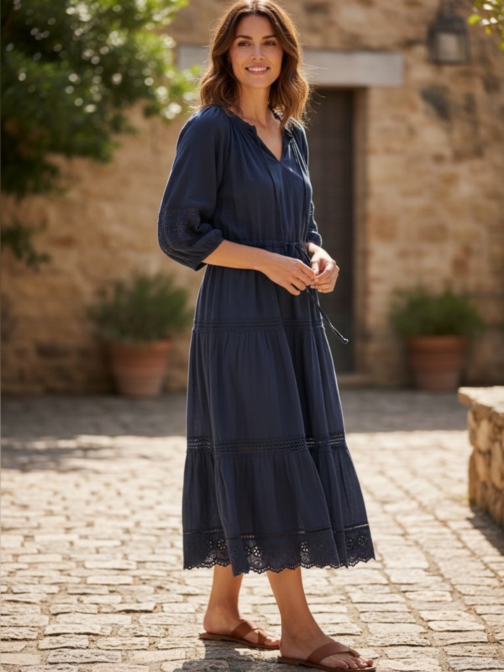 Talbots Navy Tiered Peasant Dress Lace Trim Boho Romantic Midi Size L - Picture 3 of 12